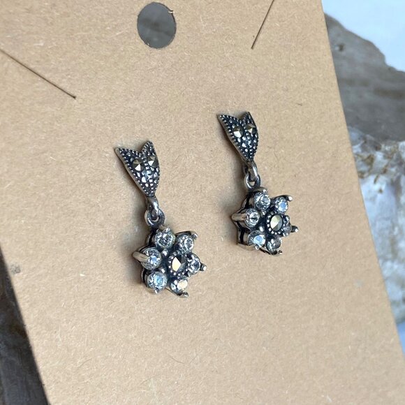 Sterling Silver 925 Cubic Zirconia & Marcasite Flower Dangle Stud Earrings - Picture 3 of 16